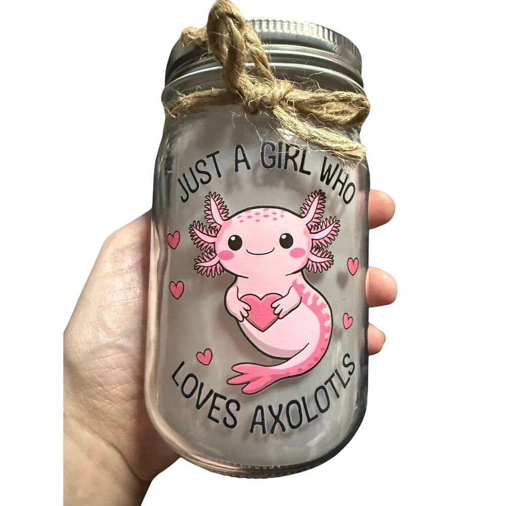 Just a Girl Who Loves Axolotls LED Mason Jar Night Light NIB